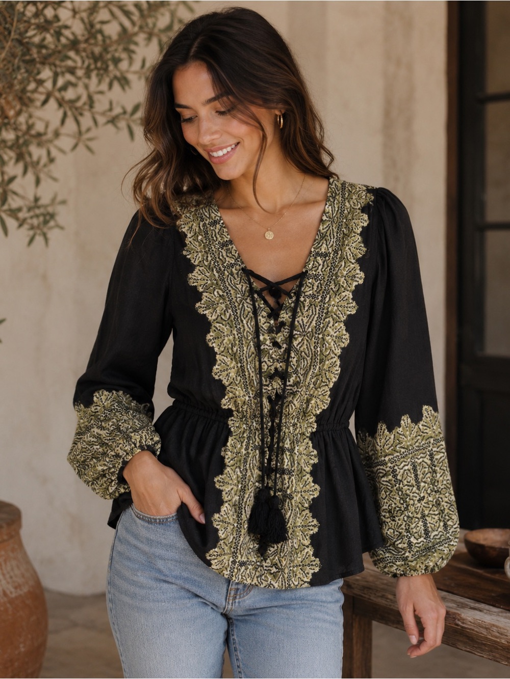 Free People Black Embroidered Peasant Blouse SP Lace-Up Tassel Long Sleeve Top 🖤